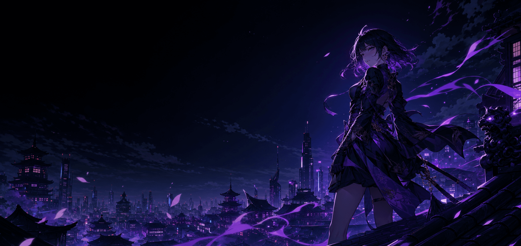 Original anime heroine overlooking a violet-lit futuristic city